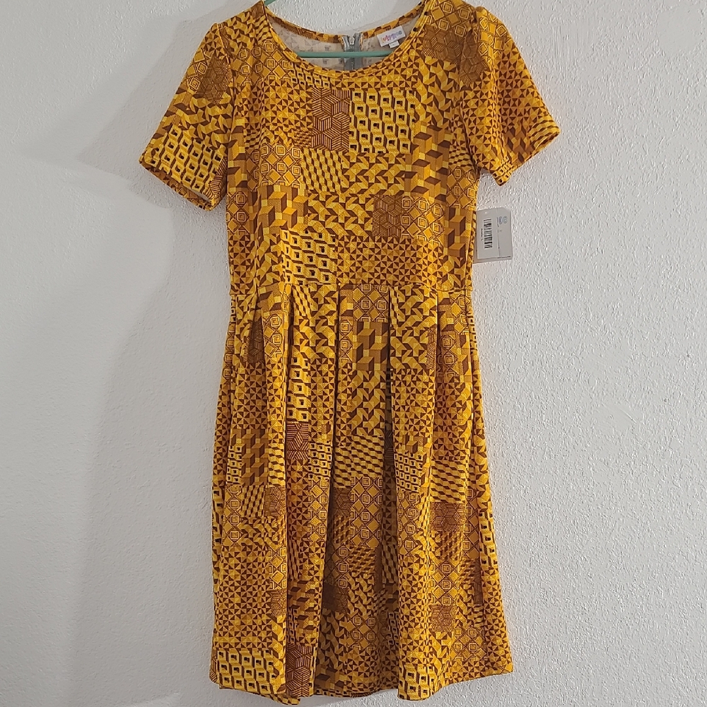 LuLaRoe Yellow and Brown Geometric Midi Dress
